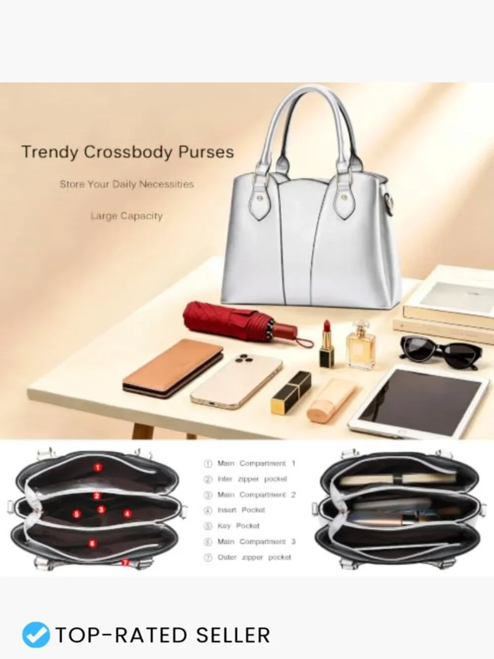 Vegan Leather Crossbody Purse Women's Tote Handbag Satchel Zippered Top Handle